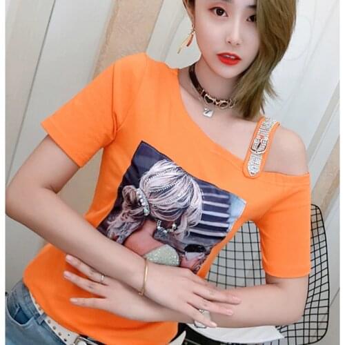 T Shirt Women Tshirt 2021 Off Shoulder Diamond Print Summer Tops Korean T-Shirt Woman Clothes Tee Shirt Femme Camisetas Mujer