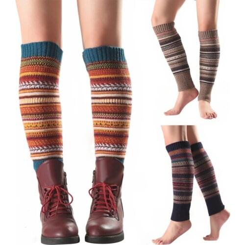 Women Rainbow Striped Stockings Knitted Warmers Winter Footless Socks Knee High Fashion Boot Socks