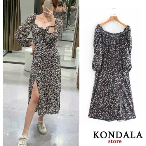 Women Dress Vintage Floarl Print Straight Dress za 2020 Long Puff Sleeve Bow Tie Mid-calf Dresses Female Autumn Loose Vestidos