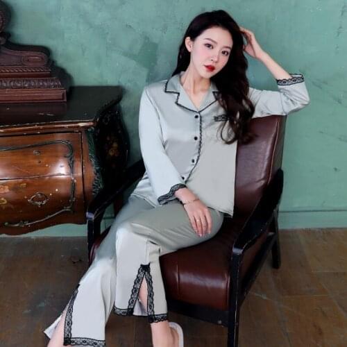 Women Light Green Satin Pyjamas Set Sleepwear Long Sleeve Pijama Pajamas Suit Female Sleep Two Piece Loungewear