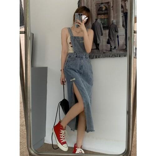 Denim Sling Dress Female Summer New Style Korean Style Waist Waist Slimming Mid-length Skirt with Raw Edge Slits