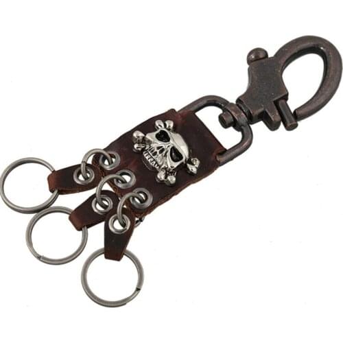 Hiphop Punk Rock Gothic Men Accessories Black Heavy Metal Skull Keychain Genuine Leather Pants Keyring Fashion Skeleton Jewelry