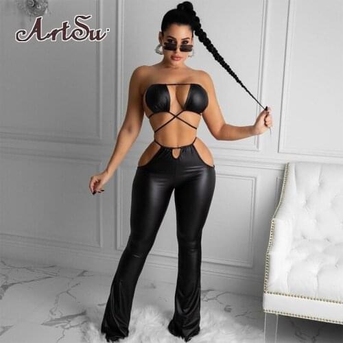 Artsu Lace Up Solid Faux Leather Two Piece Set Women Halter Bra+Mid Waist Trouser Party Clubwear Female Matching Set 42308