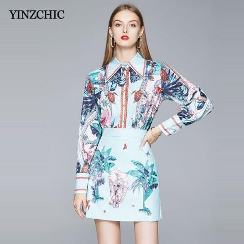 Summer Woman Print 2pcs Suits Floral Printed Blouse + A-line Skirt Set Suit for Office Lady Female Elegant Blouse Skirt Set New