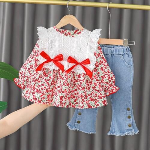 2021 Fall Girls Clothes Set Floral Long Sleeve Top + Fashion Jeans Two-Piece Set Girls Bell Bottoms Fashion Clothes