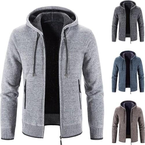 Autumn/winter hooded and fluff coat solid color casual slim knit sweater wool zipper cardigan men warm all-match jacket