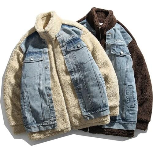Splicing Fashion Korean Denim Stitching Polar Fleece Fake Two Piece Cotton Padded Clothes Winter Couple Leisure Long Sleeve Coat