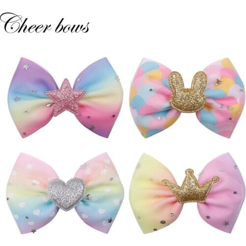 Cheer Bows 4" Hair Accessories Hair Bows for Girls Glitter Rabbit Ears Stars Crown Ribbon Lace Bow Kids Hair Clips Party Hairpin