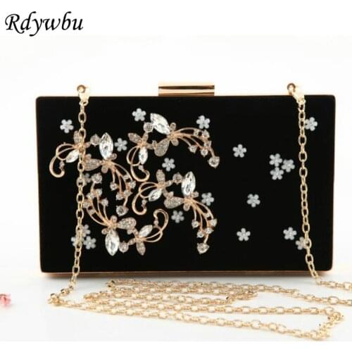 Rdywbu Women 's Velvet Handbags Handmade Diamonds Appliques Flowers Hollow Sequined Flowers Wedding Dresses Chain Party Bags H82
