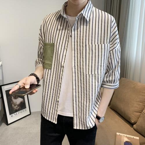 Shirt Men Summer Linen Cotton With Loose Three-quarter Sleeves Stripe Streetwear Tidal Current Direct Selling Free Shipping