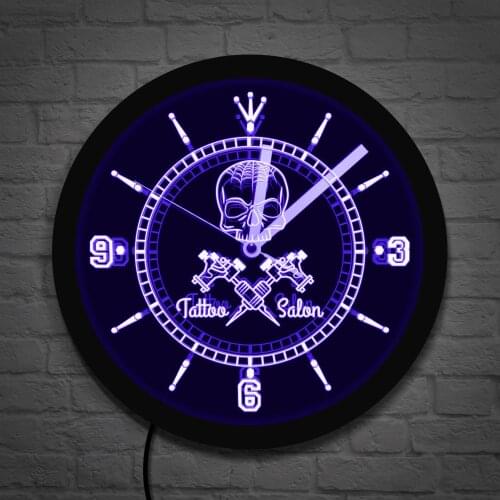 Vintage Tattoo Salon Design Color Changing Wall Light Tattoo Artwork Electric Tattoo Machine Tattoo Studio Luminous Wall Clock