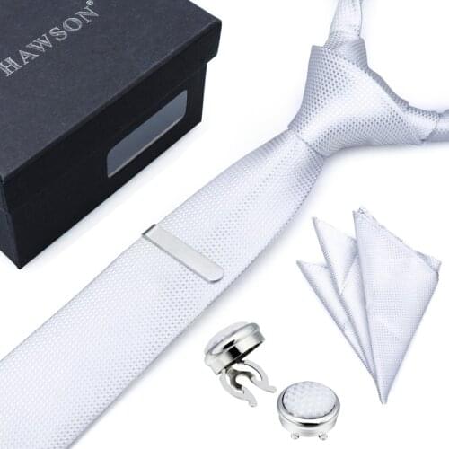 Hawson High Quality White Necktie Set with Pocket Square Tie Clip and Button Cover Cufflinks for Business Wedding Party