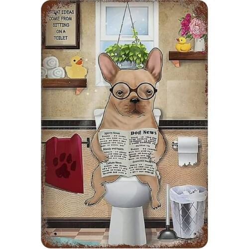Funny Bathroom Bulldog Sitting on Toilet Tin Sign Vintage Bathroom Metal Sign for Home Bar Wall Decor Shop Mural Toilet Sign