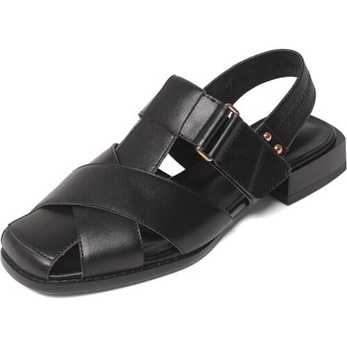 ZJVI Woman 2021 New Square Heels Black Sandals Shoes For Women Summer Cow Genuine Leather Sandal Ladies Girls Casual Narrow Band