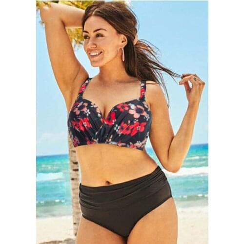 Chic Plus Size Women Two Piece Flora Retro Push Up Tops Swimsuits Ruched High Waisted Bikini Bottoms Swimwear Bathing Suits XXXL