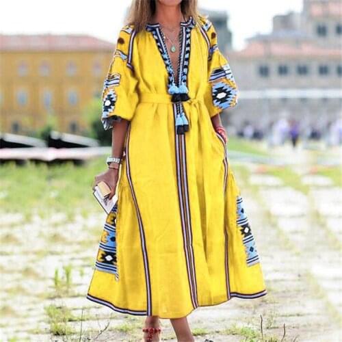 Vintage Boho Long Maxi Dresses for Women Summer 2021 Print Long Lantern Sleeve Casual Loose Green Dress Beach Wear Vestidos