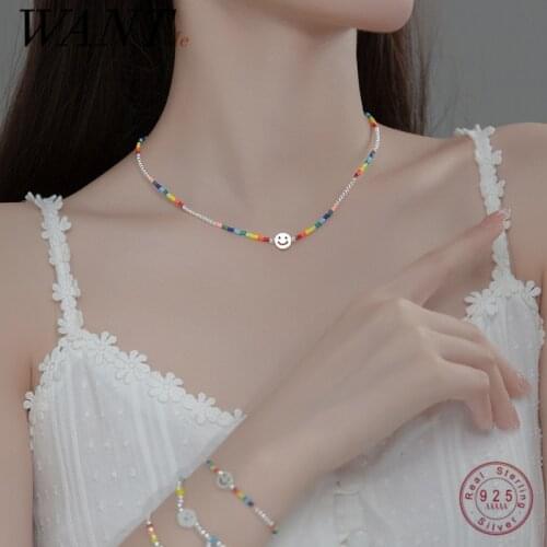 WANTME Lucky Smile Silver Necklace for Women 925 Sterling Silver Boho Rainbow Beaded Handmade Statement Jewelry Collares Femme