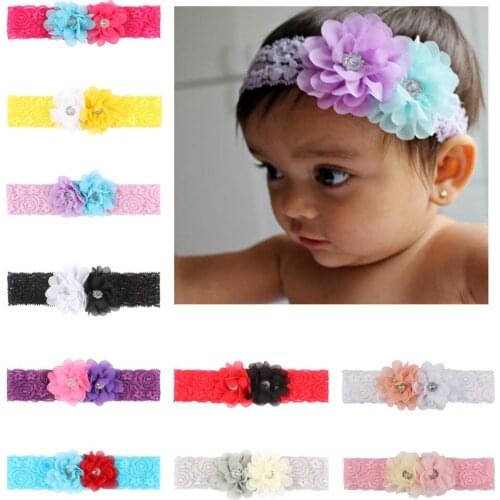 1pcs Baby Double chiffon Flower Headband Children Girls elastic hair bands girl turban Headbands rhinestone bandeau bebe