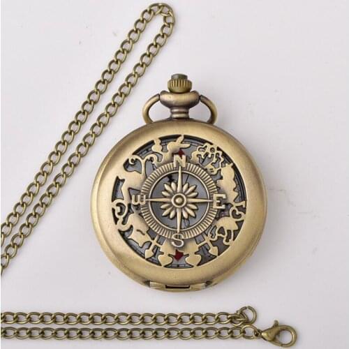 50pcs/lot Vintage Bronze Hollowed Compass Pockt Watch Brown Dial Pocket Watches Sweater Chain Gift Watches