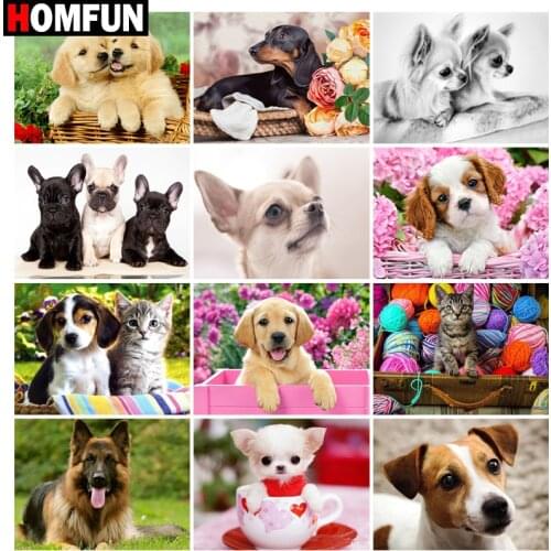 HOMFUN Diamond painting "Cat dog animal flowers" Full Square/Round Drill Wall Decor Inlaid Resin Embroidery Craft Cross stitch