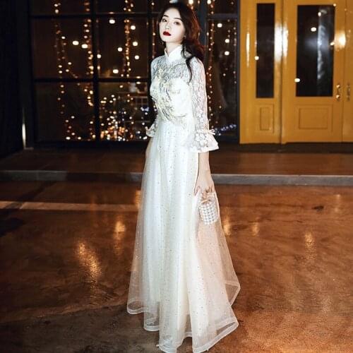 White Embroidery Chinese Evening Dresses Long Cheongsam Qipao Lace Vintage A-line Formal Party Dress Tulle Princess Vestidos