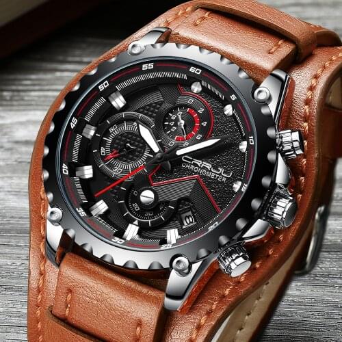CRRJU New Fashion Mens Watches Top Brand Luxury Military Quartz Watch Premium Leather Waterproof Sport Chronograph Watch Men