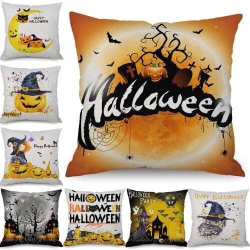 Halloween Party Cushion Covers Cartoon Pumpkin Festival Pillow Case 45X45cm Beige Linen Sofa Chair Decoration