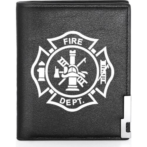 Personality Firefighter Fire Control Black Leather Men Wallet Classic Credit Card Holder Short Purse