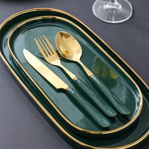 Nordic Western Plate Ceramic Steak Plates Dark Green Ceramic Cutlery Set Fish plate Dinner Dishes Flat Tray Bowl