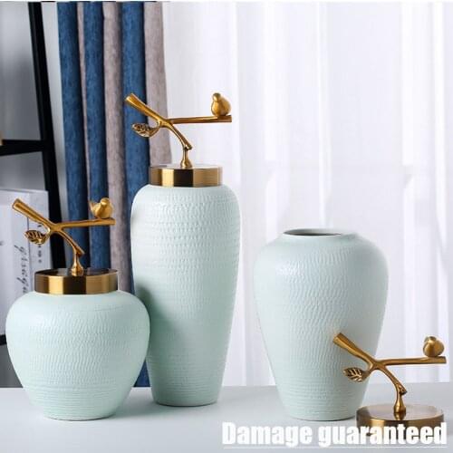 Classical Ceramic Storage Jar Green Decorative Vases Gold Bird Leaf Cover Ginger Jars Floral Arrangement Retro Glaze Porcelain