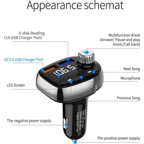 Bluetooth 4.2 Car Charger Kit FM Transmitter Dual USB Handsfree Call 5V/3A