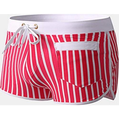 Summer Men Swimwear Sexy Lining Stripes Swimming Trunks Elastic Waist Drawstring Swim Shorts Swim Trucks Swimwear for Surfing