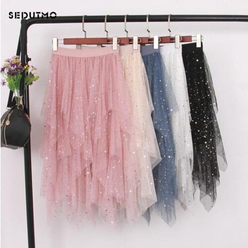 SEDUTMO Summer Maxi Pleated Skirts Women Sequin Tutu Tulle Skirt High Waist Mesh Elastic Casual Skirt ED807