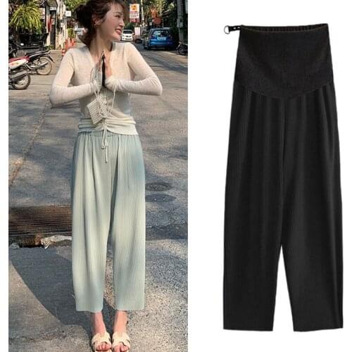 Summer Thin Pleated Chiffon Maternity Pants Wide Leg Loose Straight Belly Pants for Pregnant Women Chic Casual Pregnancy