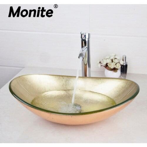 Monite Silver Oval Bathroom Washbasin Countertop Washroom Vessel Vanity Tempered Glass Basin Sink Faucet Set Brass Faucet