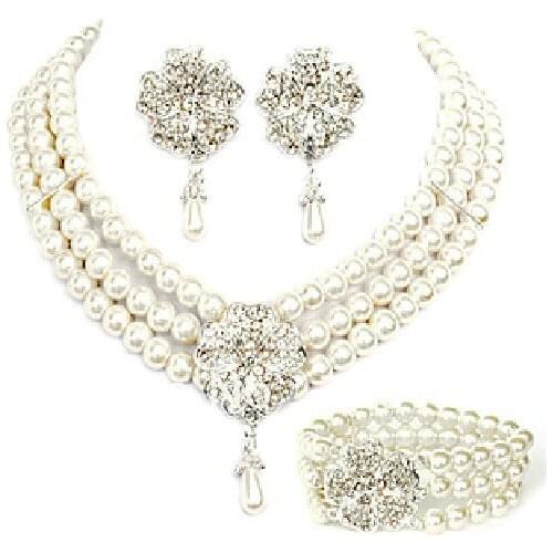 Silver Plated Cream Pearl Bridal Jewelry Set Wedding Necklace Bracelet and Earrings Sets