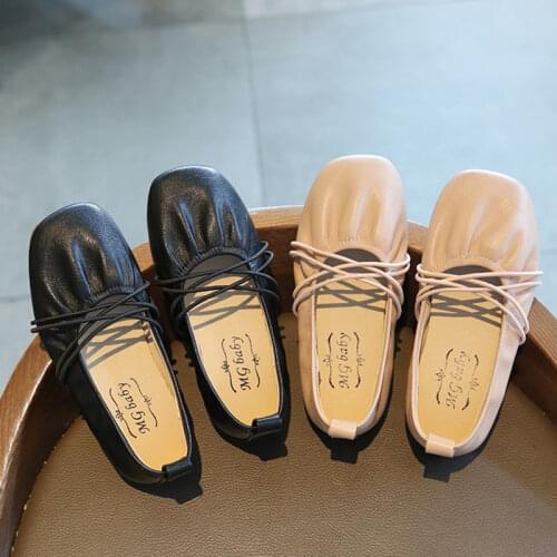 Spring Big Girls Shoes Cross-tied Elastic band Princess Shoes Soft Leather Kids Flats Black Slip on Shoe Children For 1-12y