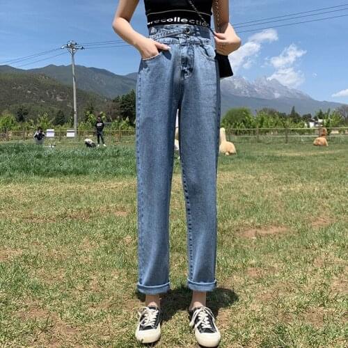 High Waist Mom Jeans Straight Harem Pants Denim Plus Size Loose Casual Korean Jeans Trousers Women