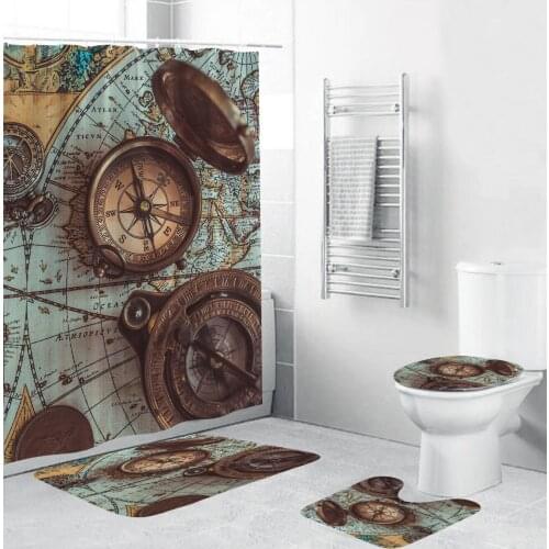 Compass Map Clock Fabric Shower Curtain Bathroom Curtains Set Printed Carpet Cover Toilet Rugs Bath Mat Pad for Home Decor
