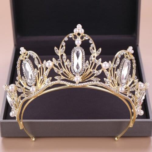 Vintage Baroque Crystal Rhinestone Pearl Queen Crown Jewelry Gold Headdress Birthday Crown Bridal Wedding Hair Accessories Gift