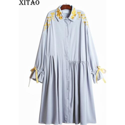 XITAO Draped Patchwork Dress Women Vintage Embroidery Floral Tide Fashion New Style Turn Down Collar Long Sleeve Elegant ZY4414
