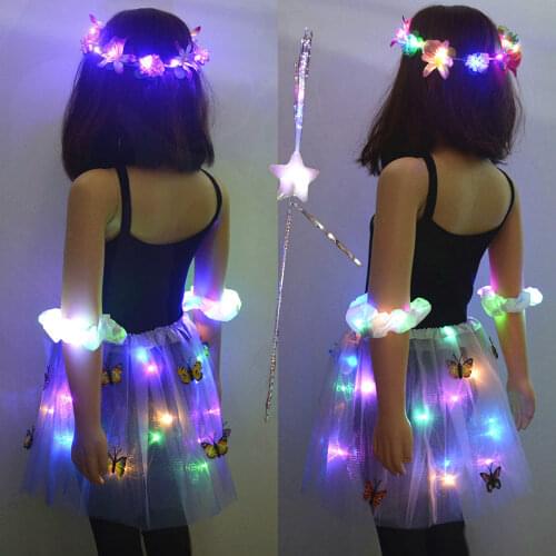 Girls Kids LED Butterfly Tutu Skirt Birthday Wedding Party Wear Tulle Mini Skirt Light Flower Wreath Crown Costume Ball 2-8 Year
