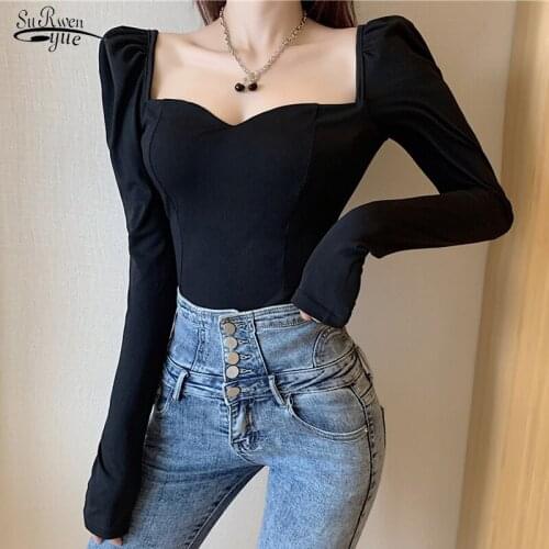 Spring New Square Collar Short Sexy Top Women Office Lady White Blouse Shirt Female Vintage Puff Sleeve Black Shirts Blusa 12605