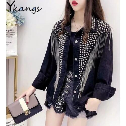 2020 New Women Autumn Hand-studded Rivet Tassel Chain Short Jeans Coat Womans Loose Jacket Coat Fashion Streetwear Denim Jacket