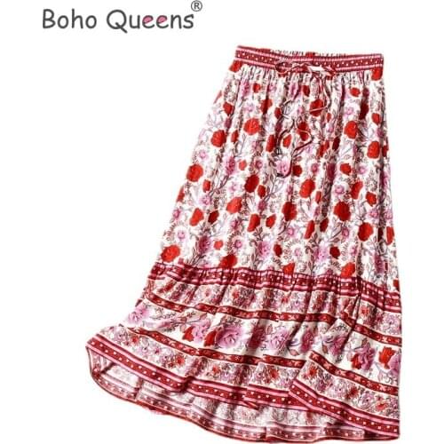 Boho Queens Hippie women floral print tassel beach Bohemian skirt High Elestic Waist Boho rayon Maxi Skirt Femme