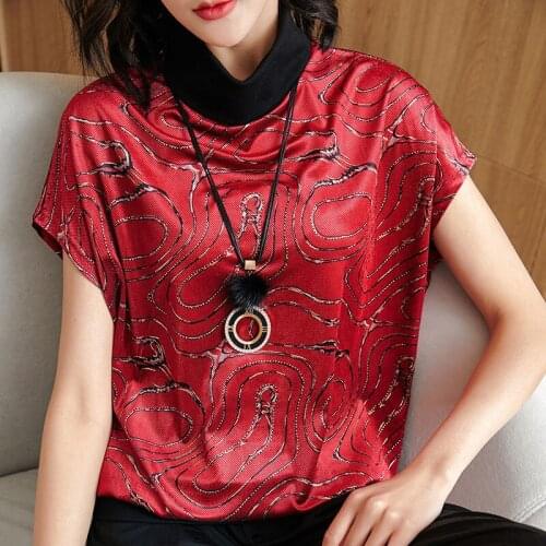 Spring New Korean Style Velvet Womens Large Size T-shirt Turtleneck Printed Short-Sleeved Loose Top Belly Covering Base Shirt