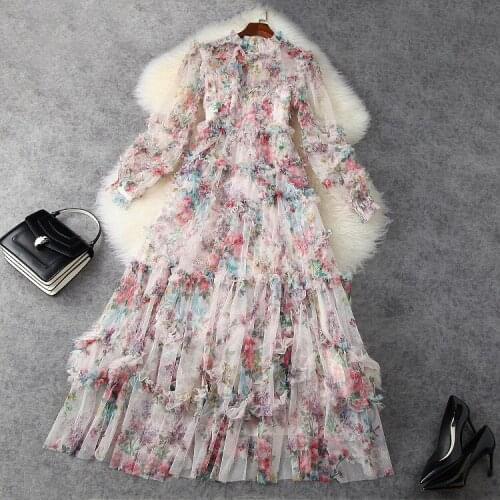 Dresses Women European and American Womens Clothing New 2021 Spring Long Sleeve Printed Fashion Mesh Pleated Dress