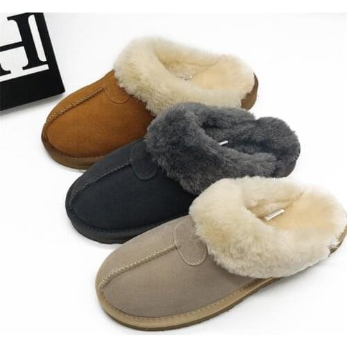 Female Winter Slippers 100% Genuine Leather Slippers Faux Fur Women Warm Indoor Shoes Fluffy Wool Couples House Slippers