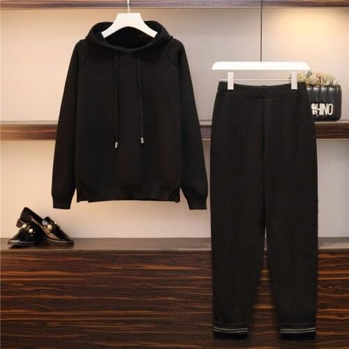 Womens Loose casual suit autumn hooded long-sleeved knit sweater trousers fall wide leg pants two-piece suit autumn and winter