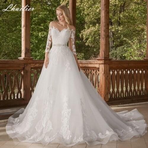 Lhuilier Womens A Line Scoop Neck Wedding Dresses Full Sleeves Floor Length Beaded Court Train Lace Appliques Bridal Gowns